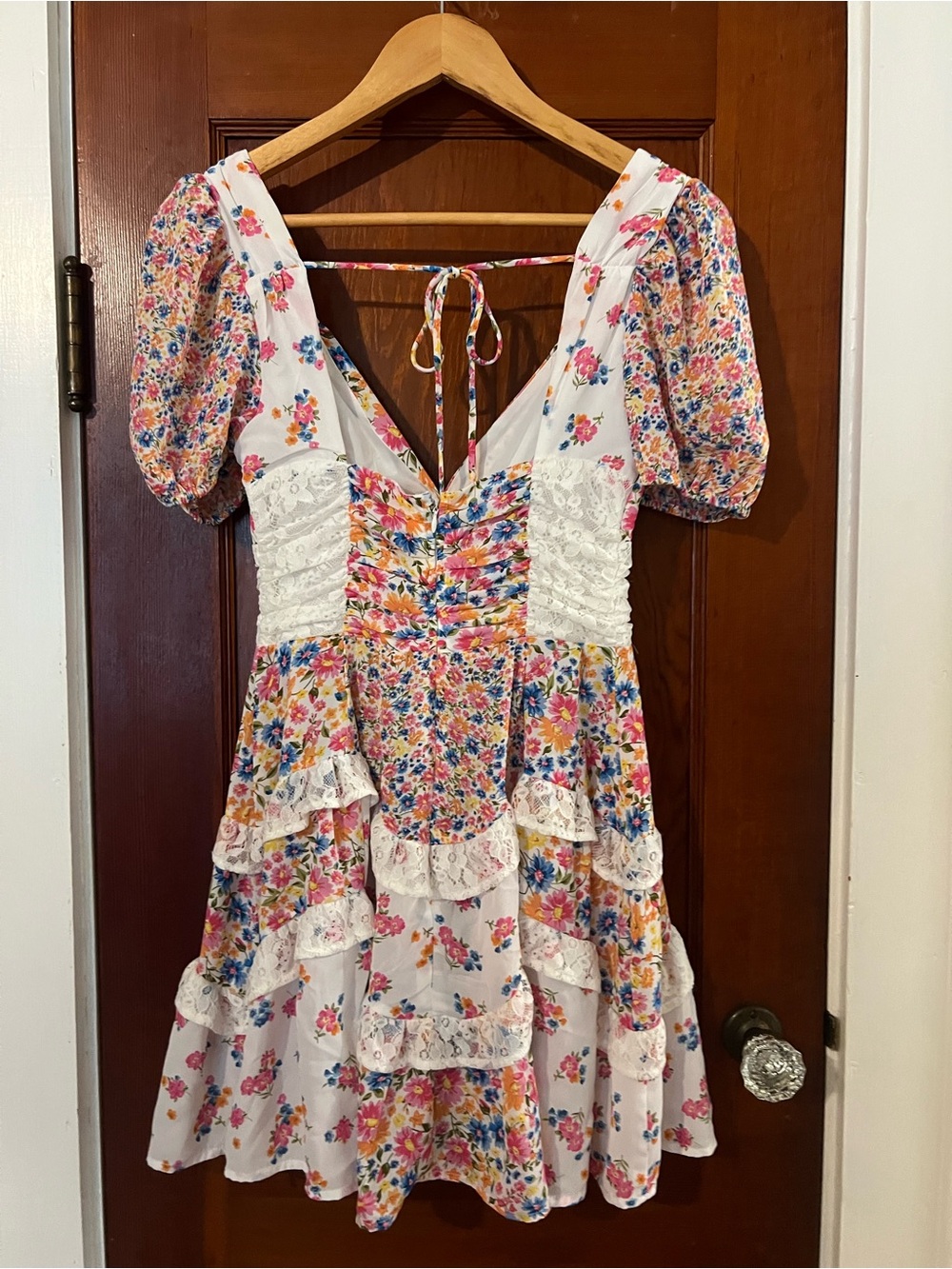 Altar’d State Aderny Patchwork Floral Mini Dress XS Cottagecore Ruffle - Picture 8 of 11